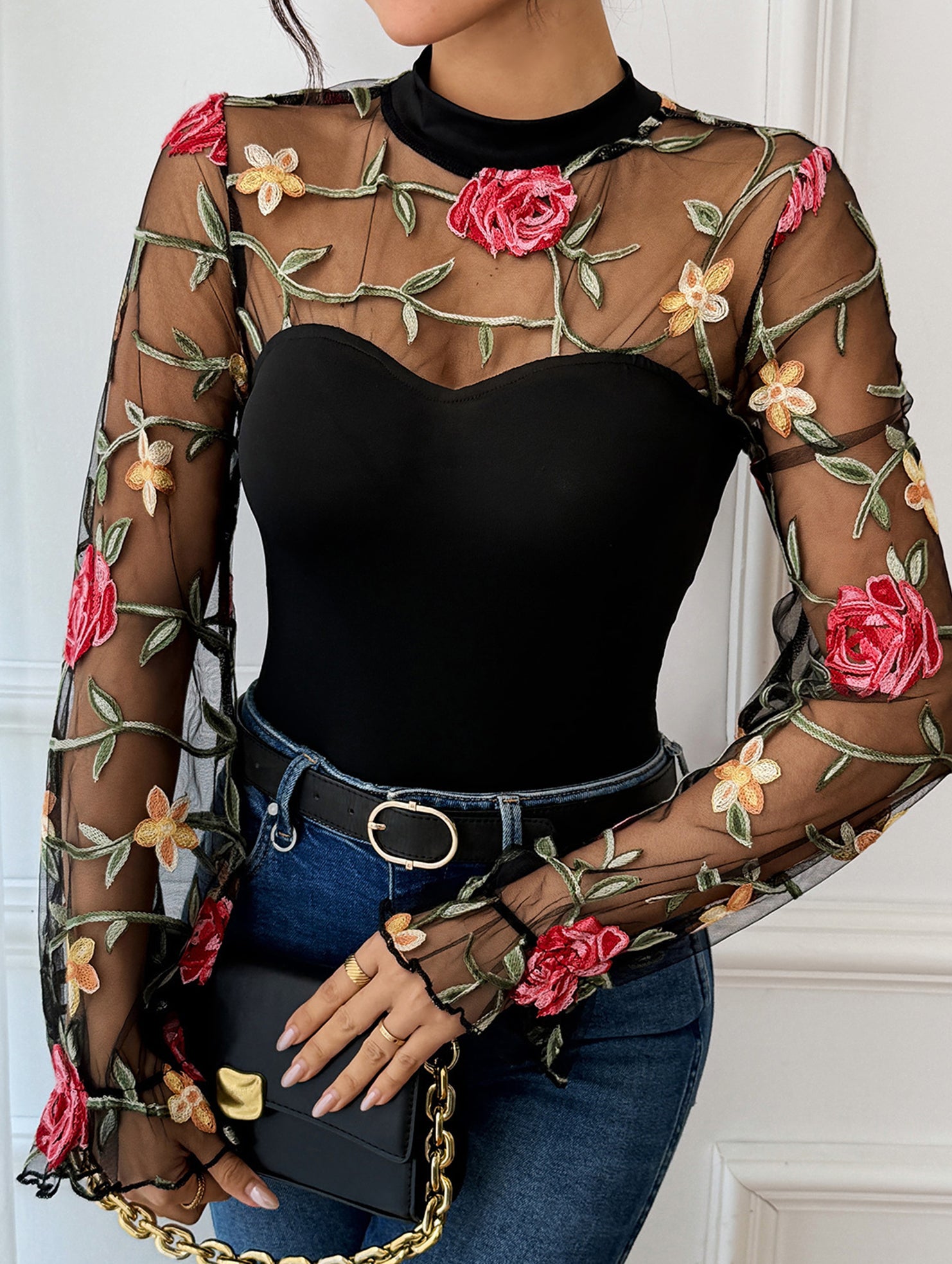 Lace-trimmed see-through high-neck bodysuit