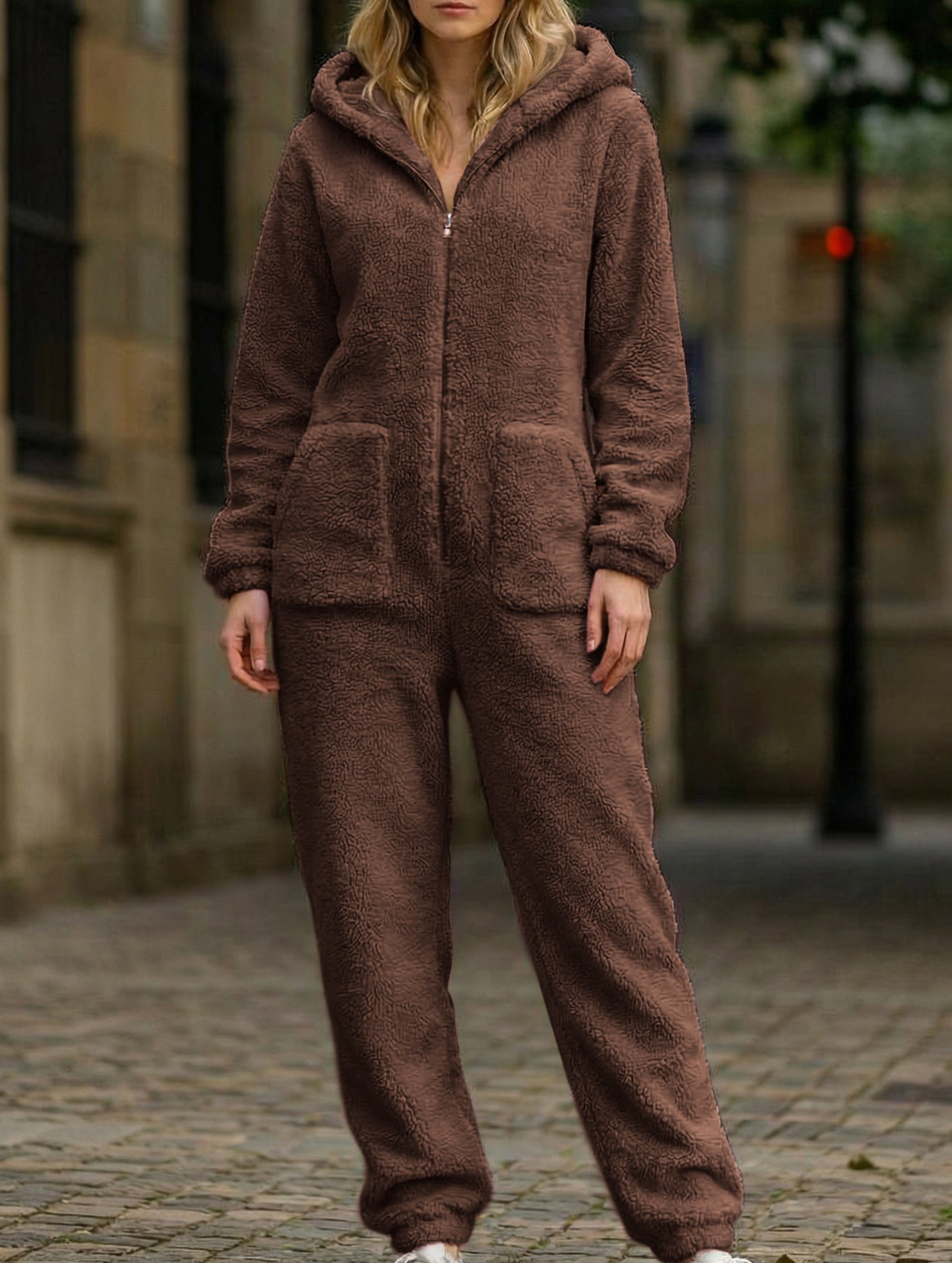 Loose-fitting straight-leg fleece jumpsuit