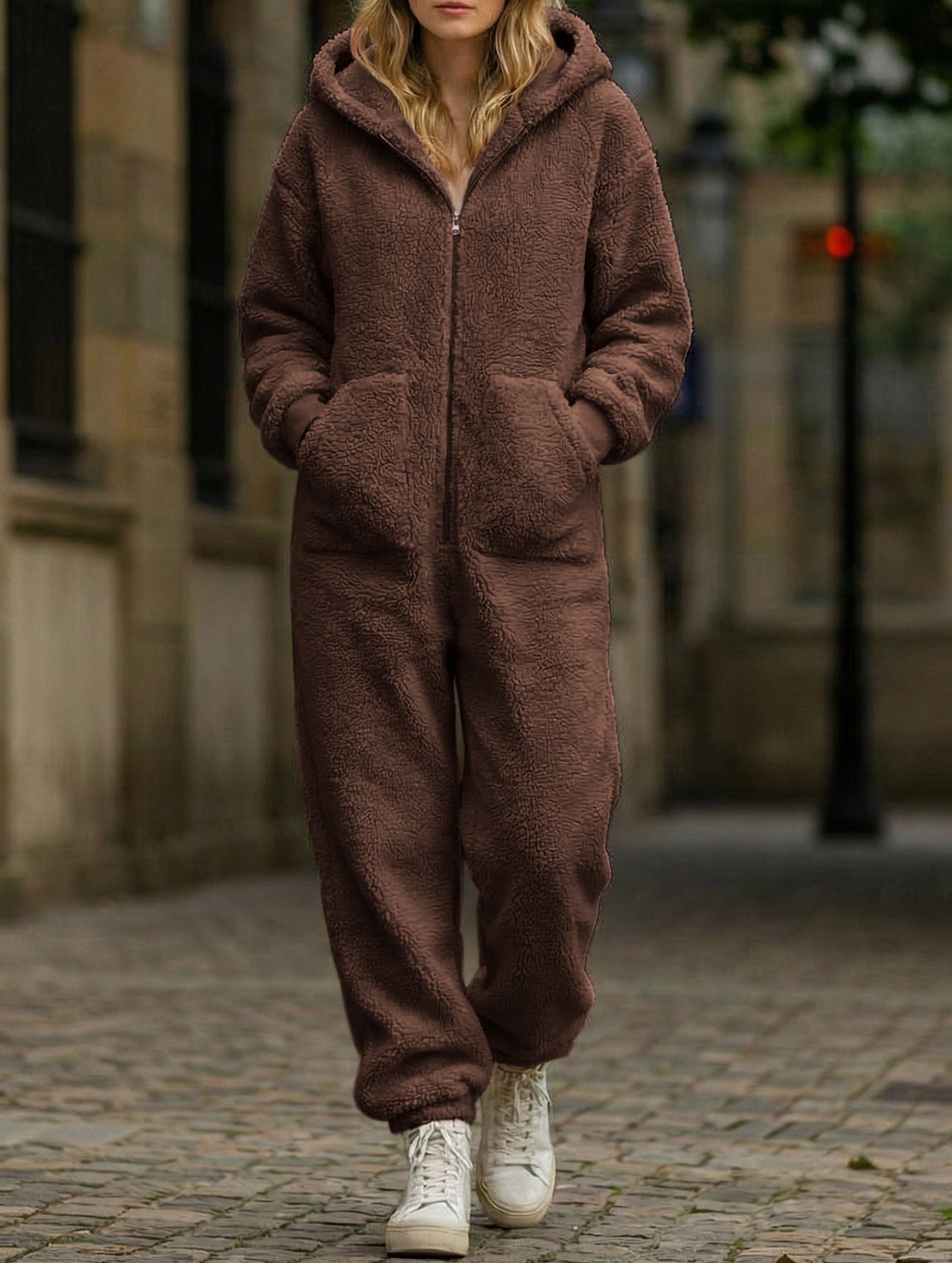 Loose-fitting straight-leg fleece jumpsuit
