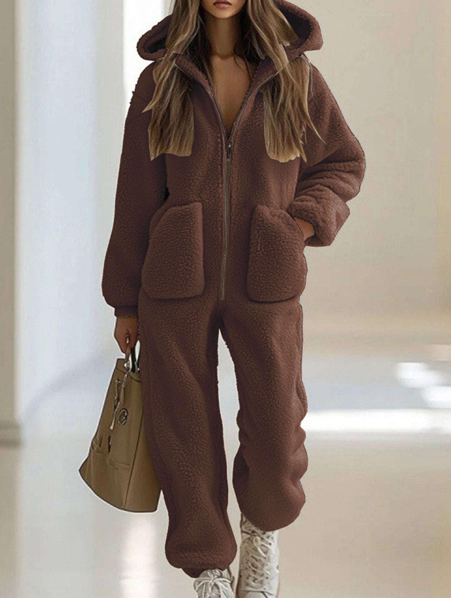Loose-fitting straight-leg fleece jumpsuit
