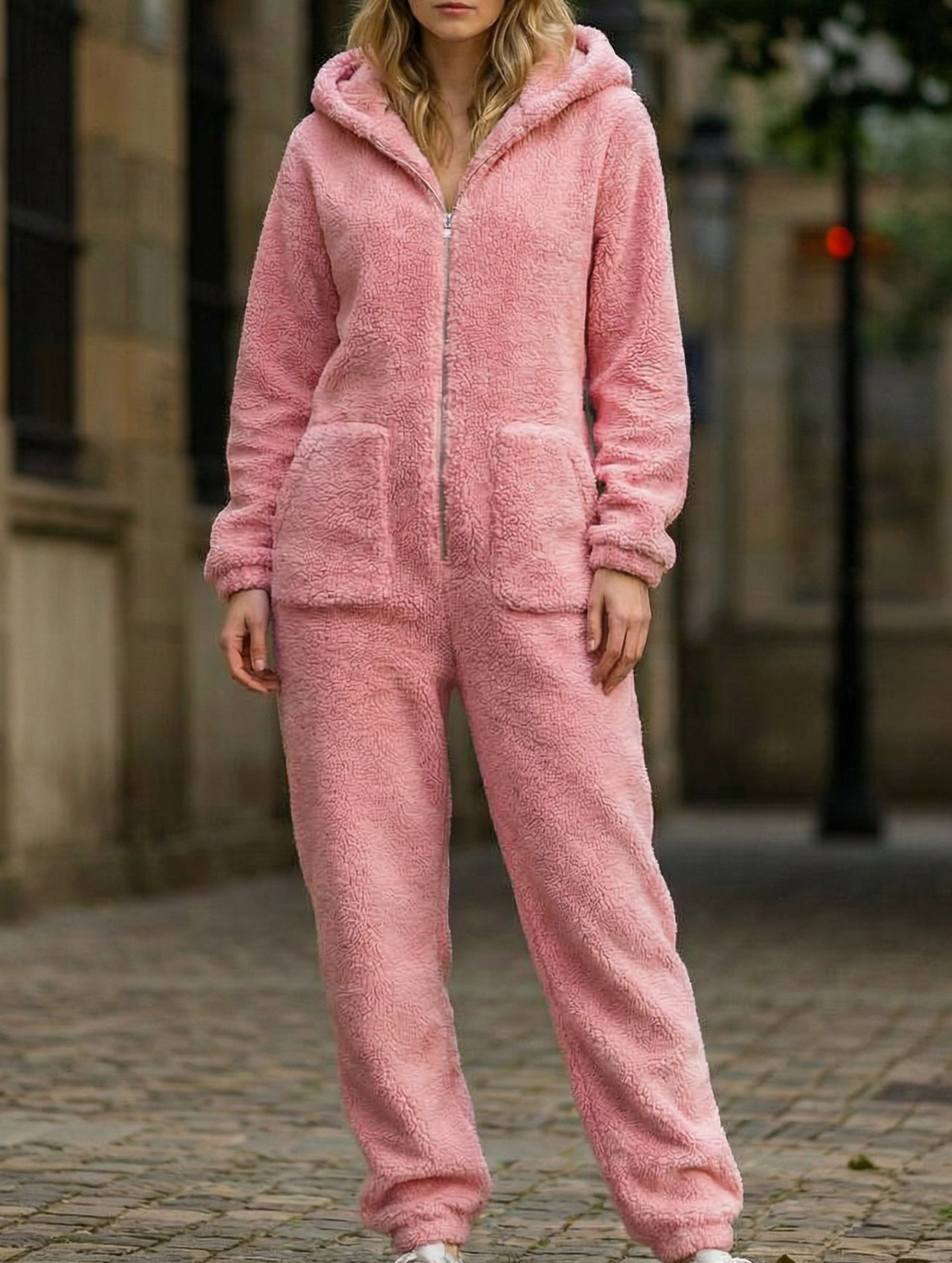 Loose-fitting straight-leg fleece jumpsuit