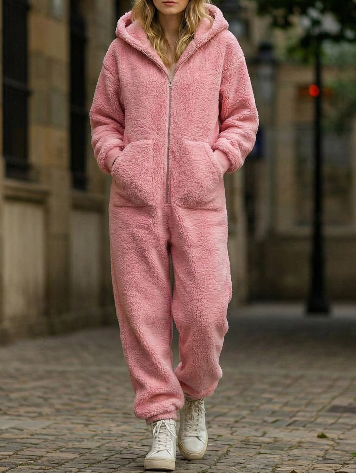 Loose-fitting straight-leg fleece jumpsuit