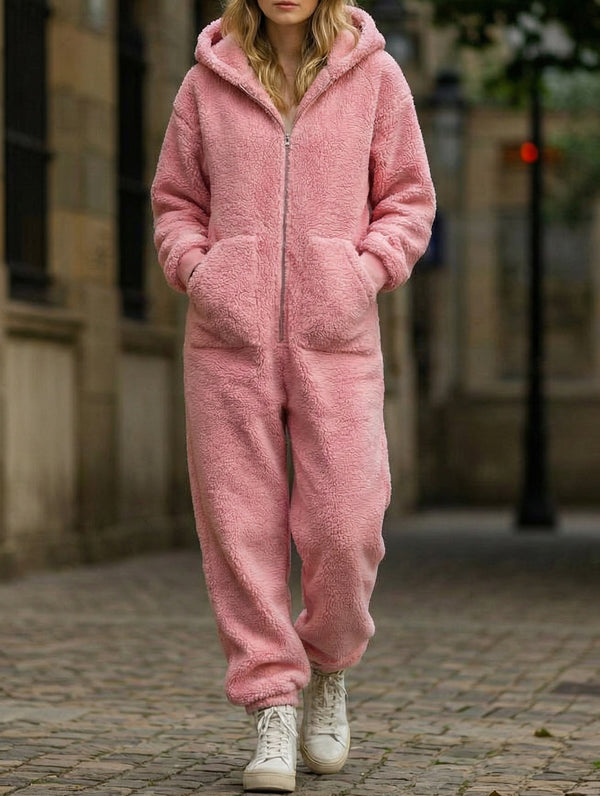 Loose-fitting straight-leg fleece jumpsuit  - Pink