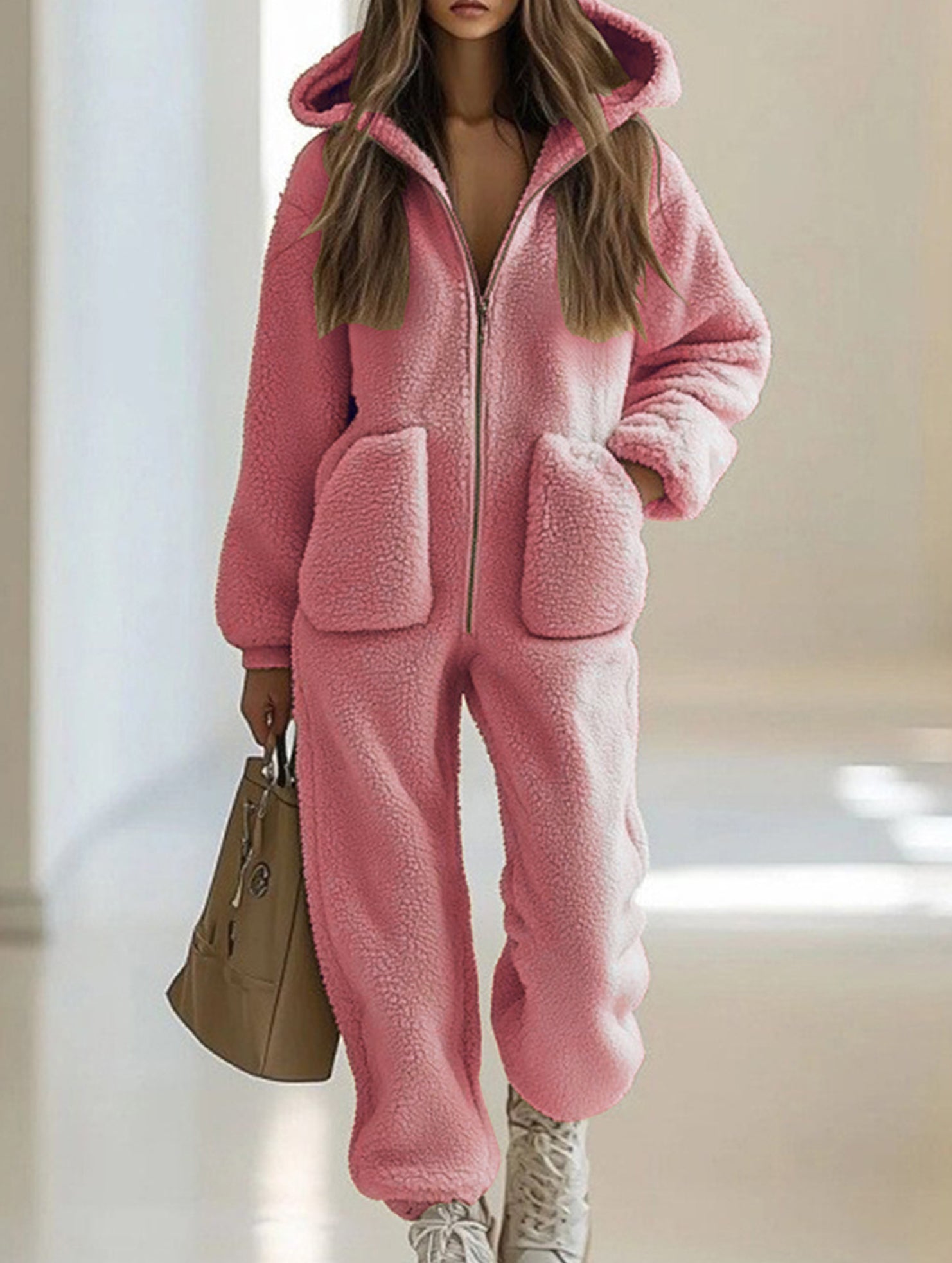 Loose-fitting straight-leg fleece jumpsuit