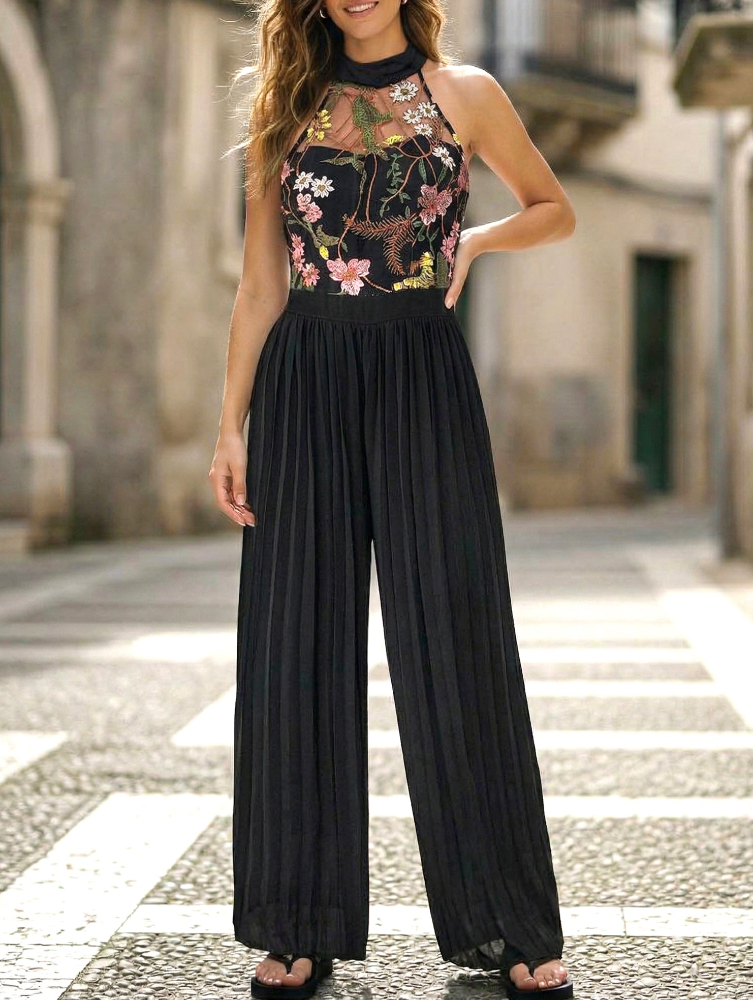 Halter-neck sleeveless lace embroidered jumpsuit