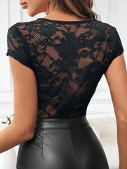 Fitted bodysuit with lace trim and ruffled collar