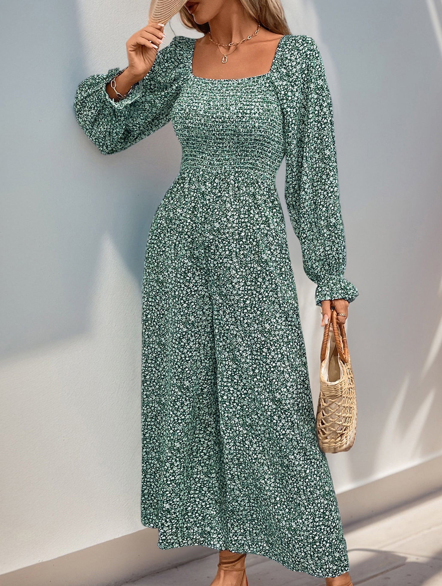 Square Neck Puff Sleeve Floral Jumpsuit_CWSJS00407