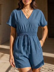 Solid V Neck Waist Romper