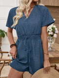 Solid V Neck Waist Romper