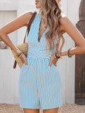 Stripe Backless Tie V Neck Jumpsuit