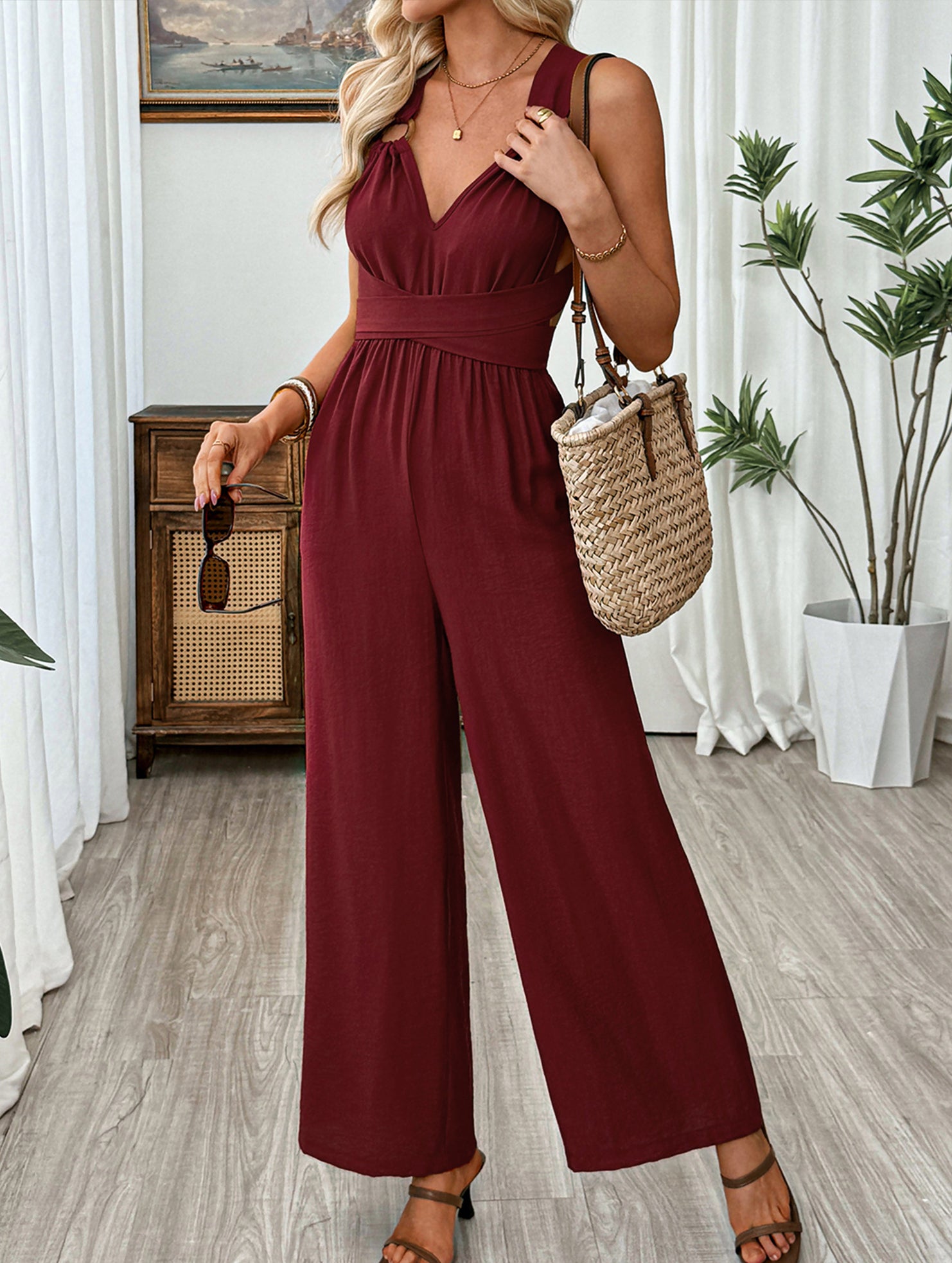 Backless Tie Strap Wide Leg Jumpsuit