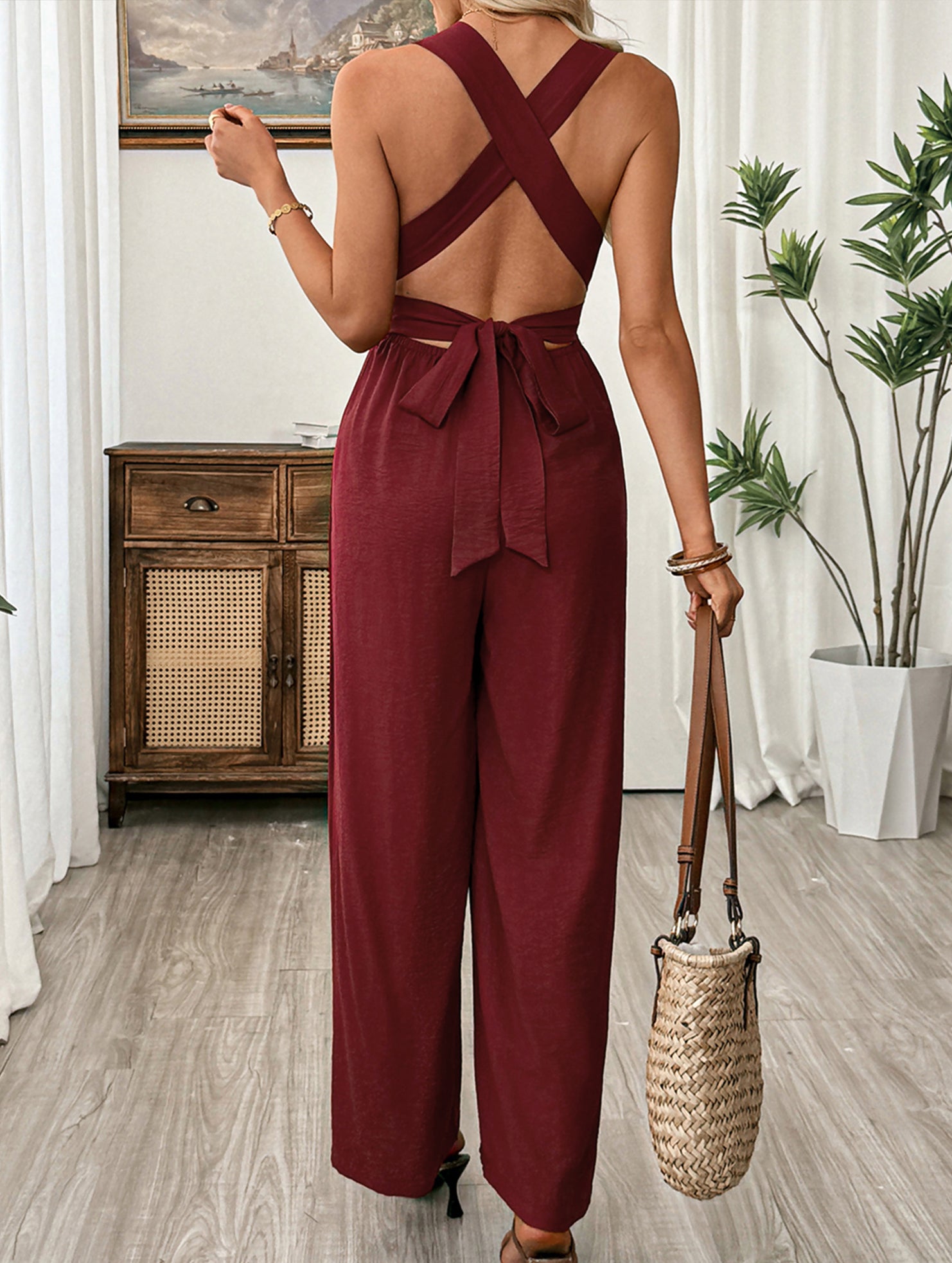 Backless Tie Strap Wide Leg Jumpsuit