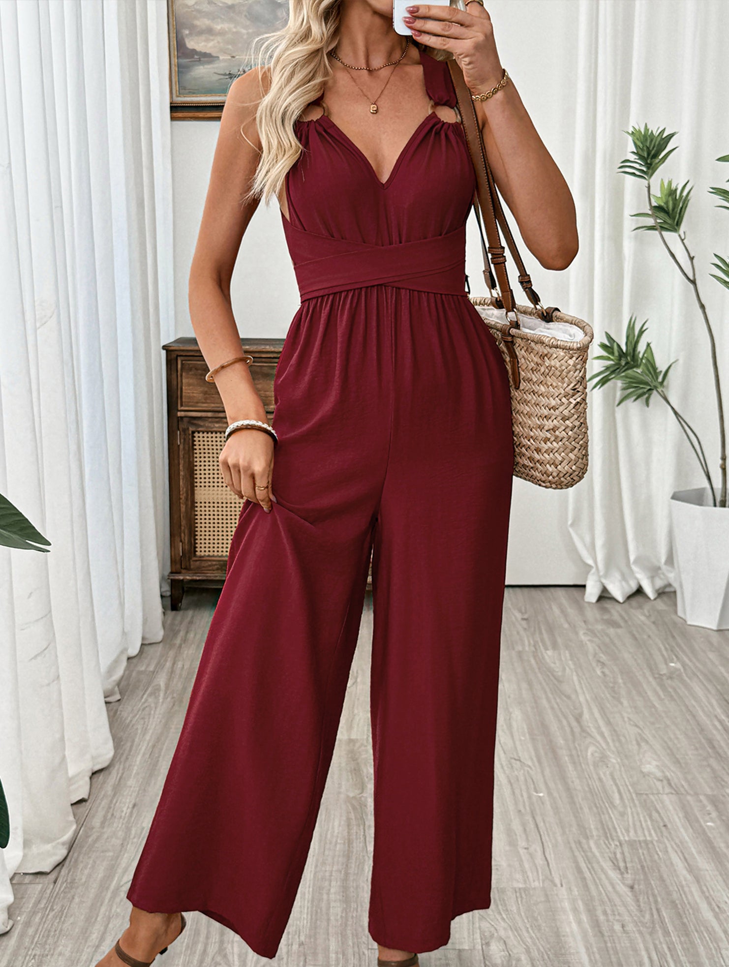 Backless Tie Strap Wide Leg Jumpsuit