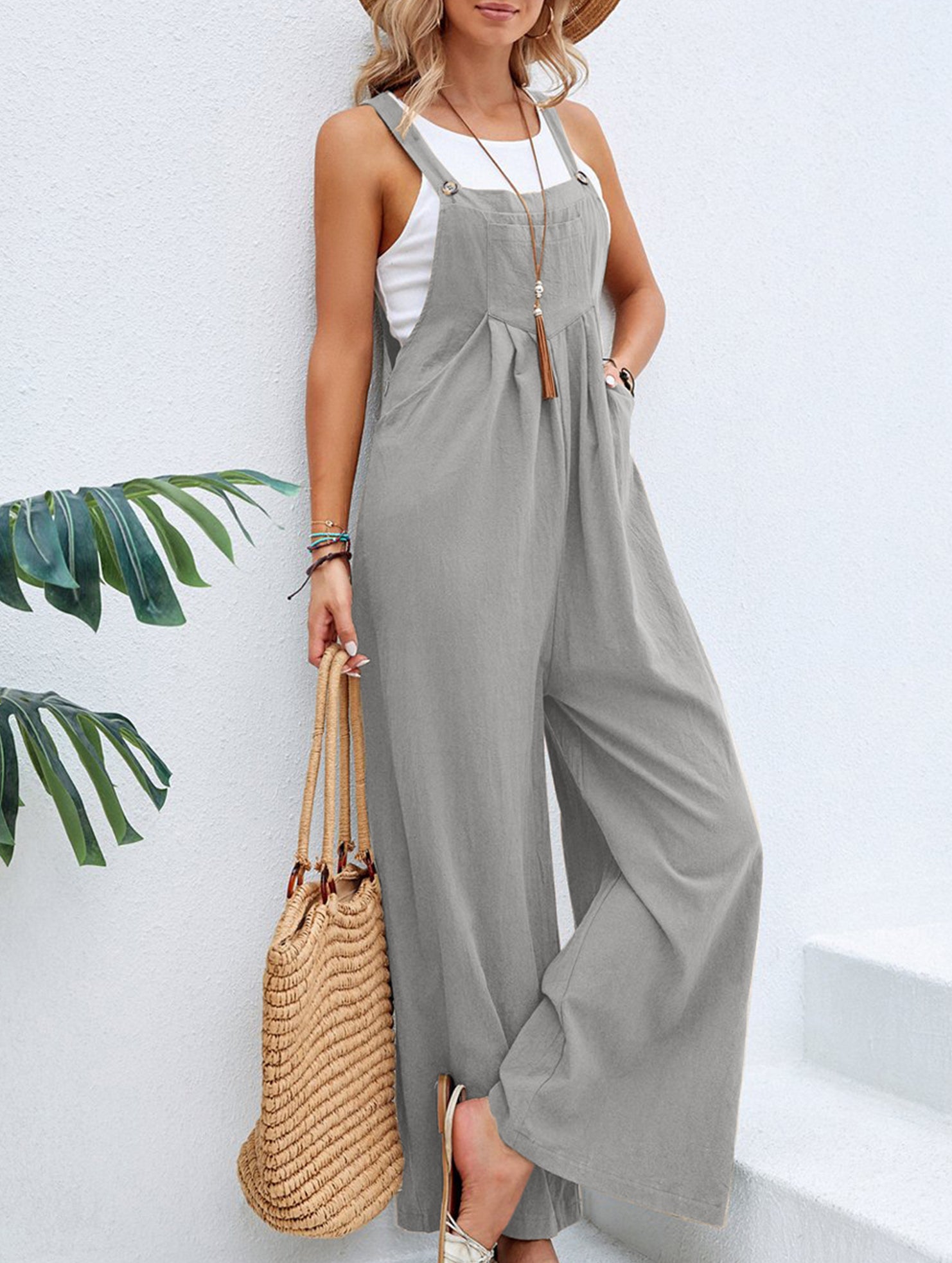 Mid-waist retro solid color loose casual fashion suspenders