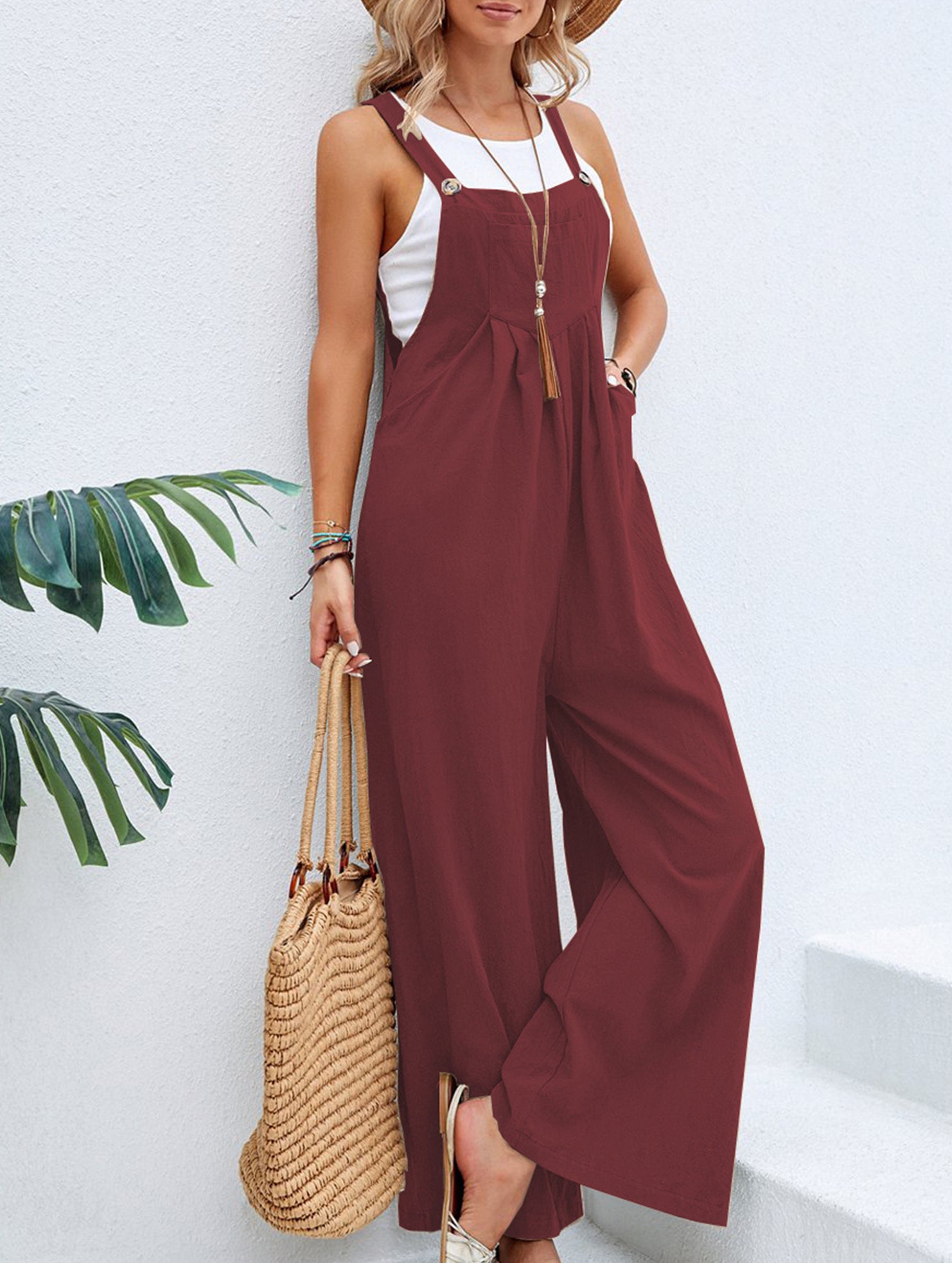 Mid-waist retro solid color loose casual fashion suspenders