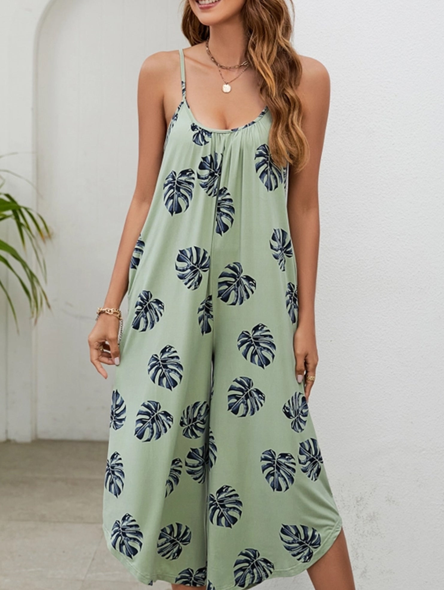 Halter Neck Jumpsuit with Pockets - Printed Casual Summer Romper