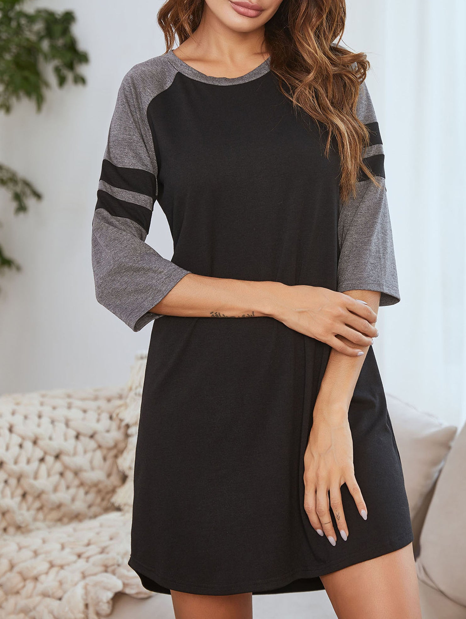 Color Block Short Sleeve Lounge Night Dress_CWSPJ00573