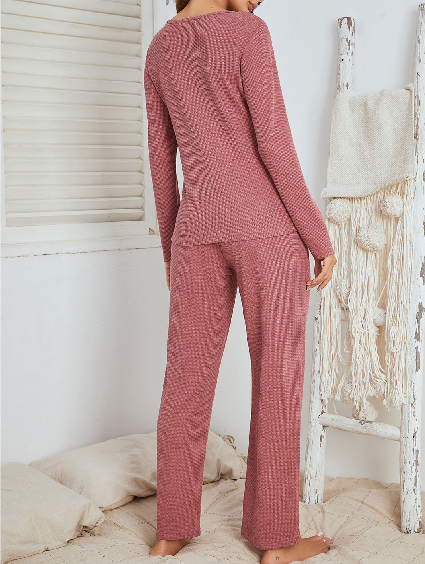 Waffle Knit Pajama Set Long Sleeve Two Piece_CWSPJ00576