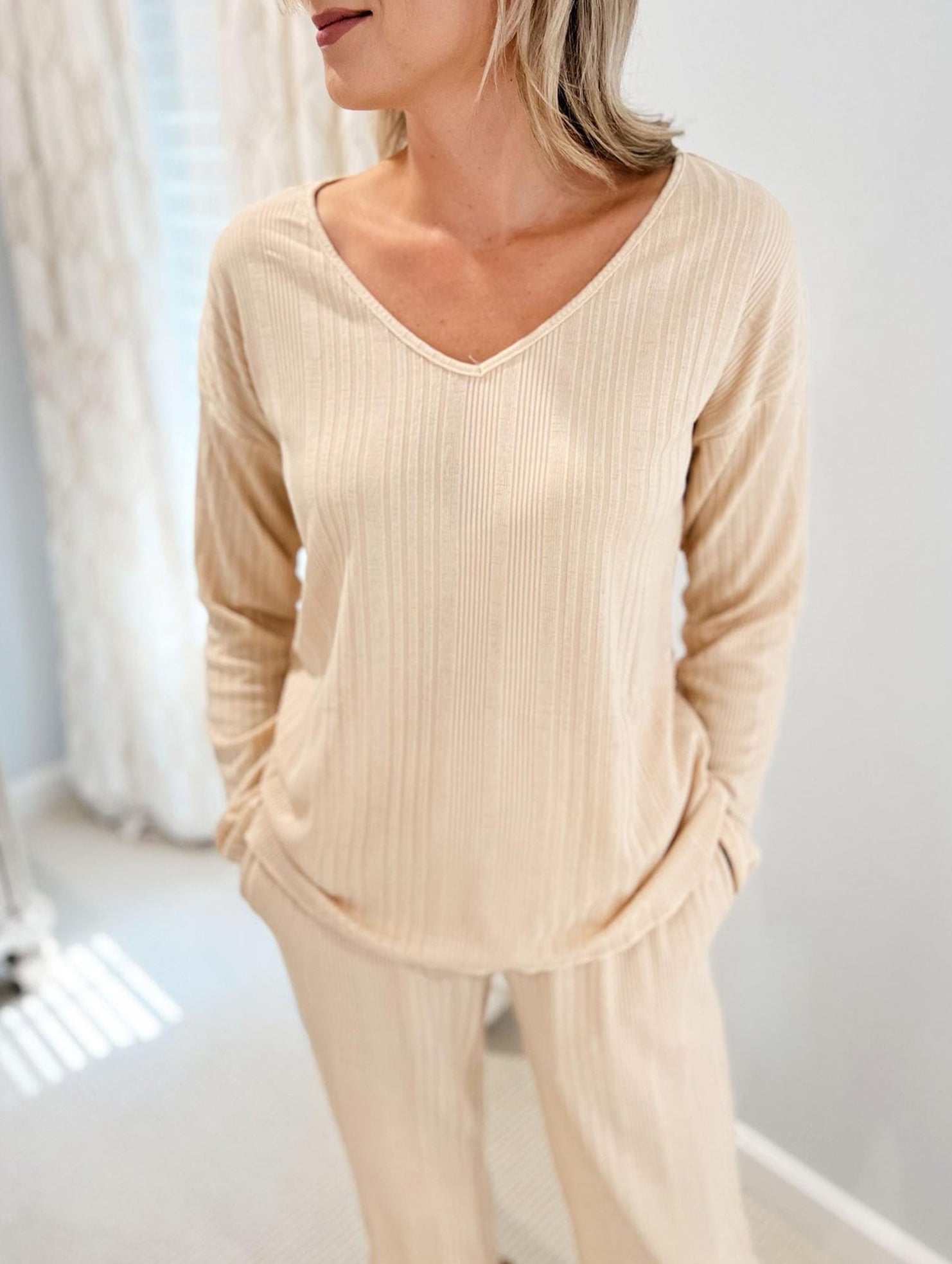 Ribbed Long Sleeve Pajama Set Two Piece_CWSPJ00579