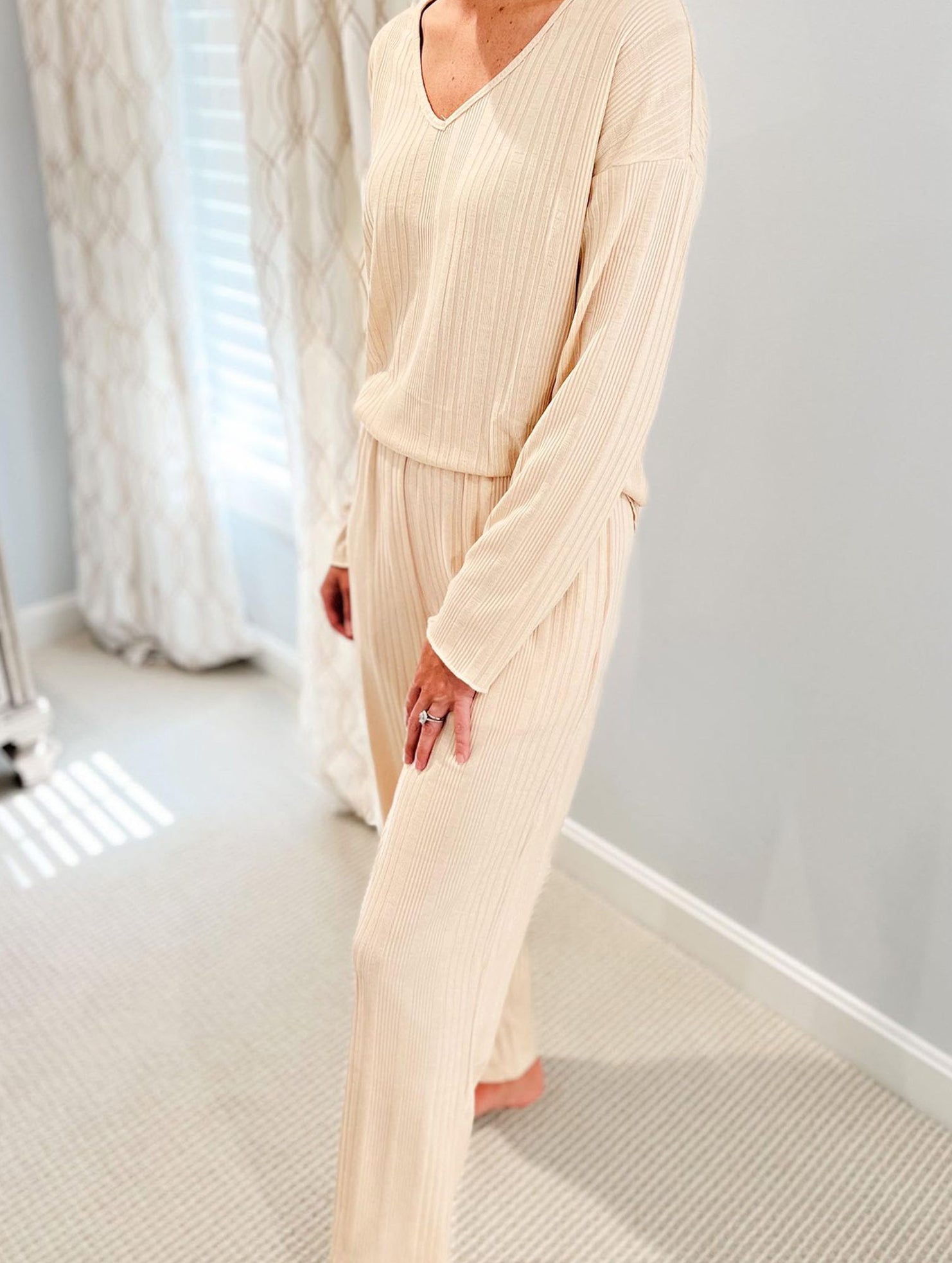 Ribbed Long Sleeve Pajama Set Two Piece_CWSPJ00579