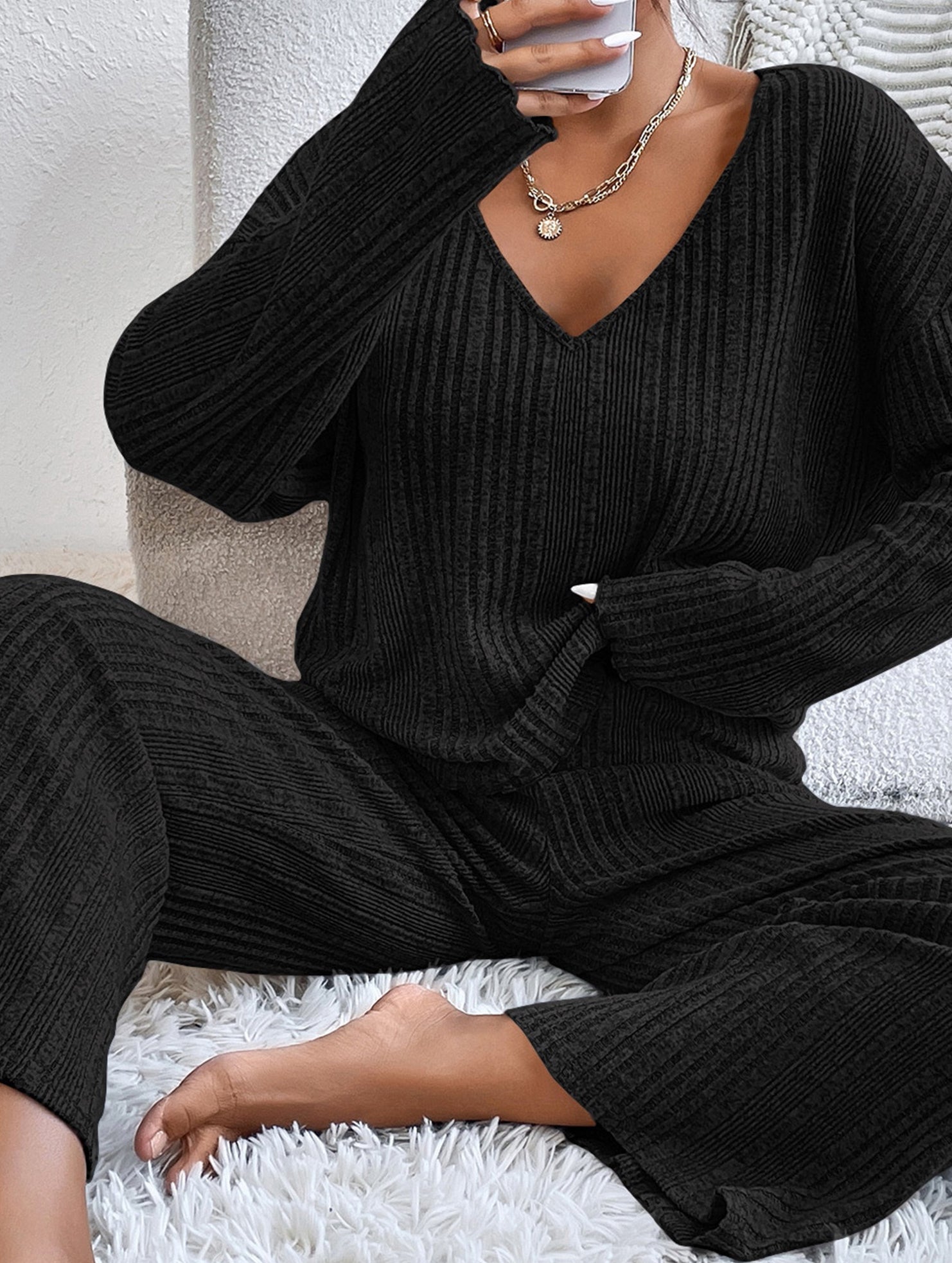 Ribbed Long Sleeve Pajama Set Two Piece_CWSPJ00579