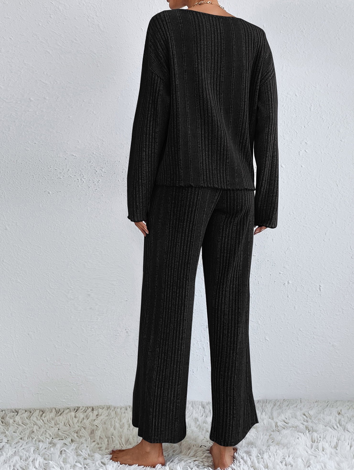 Ribbed Long Sleeve Pajama Set Two Piece_CWSPJ00579