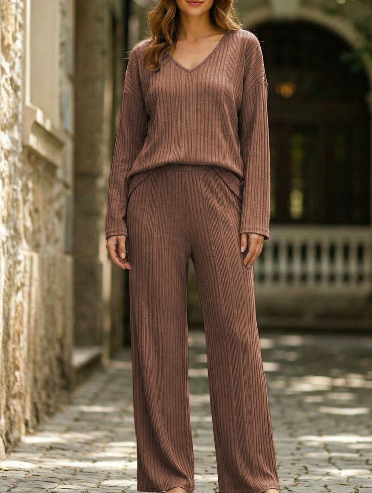 Ribbed Long Sleeve Pajama Set Two Piece_CWSPJ00579