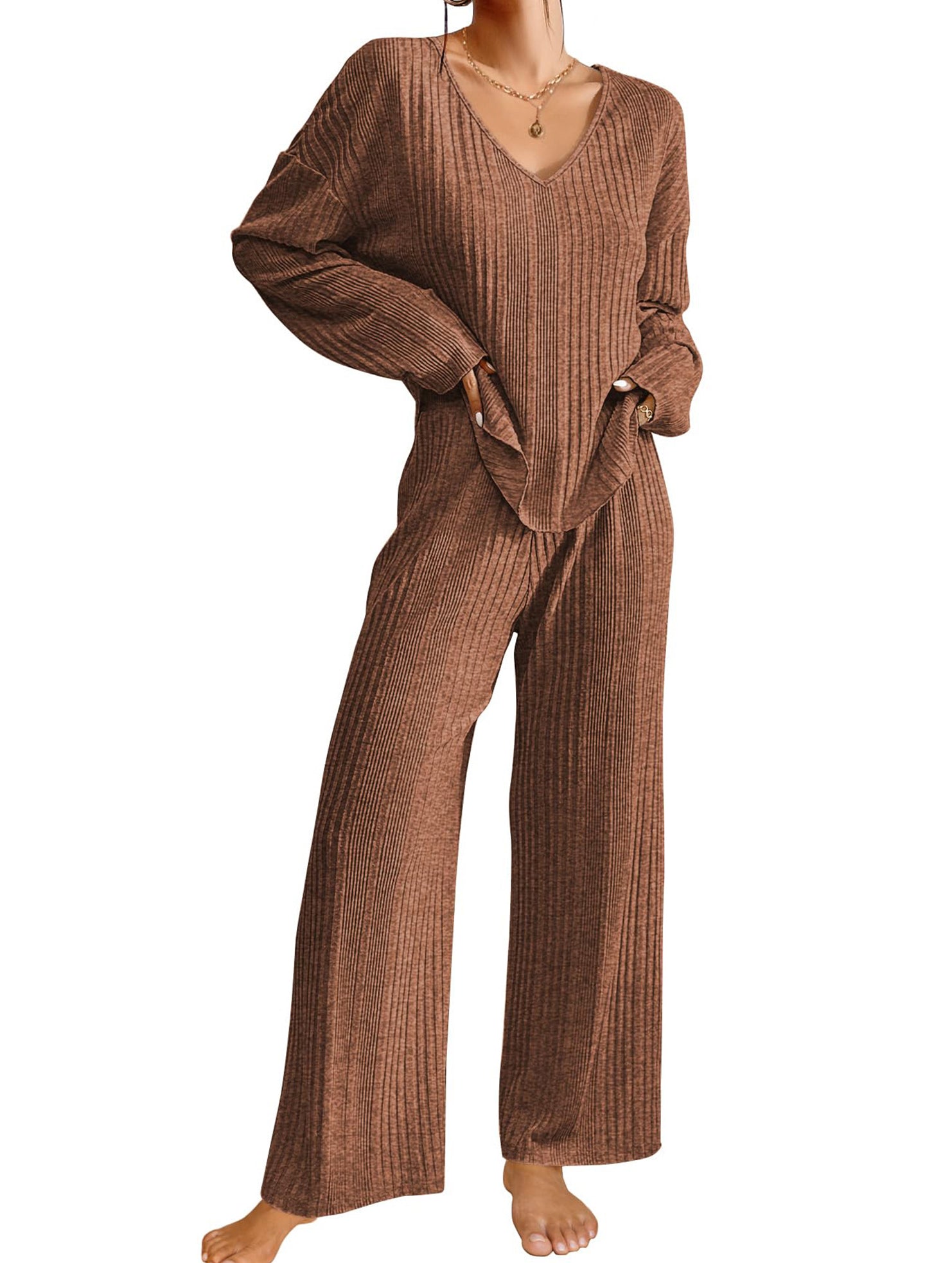 Ribbed Long Sleeve Pajama Set Two Piece_CWSPJ00579