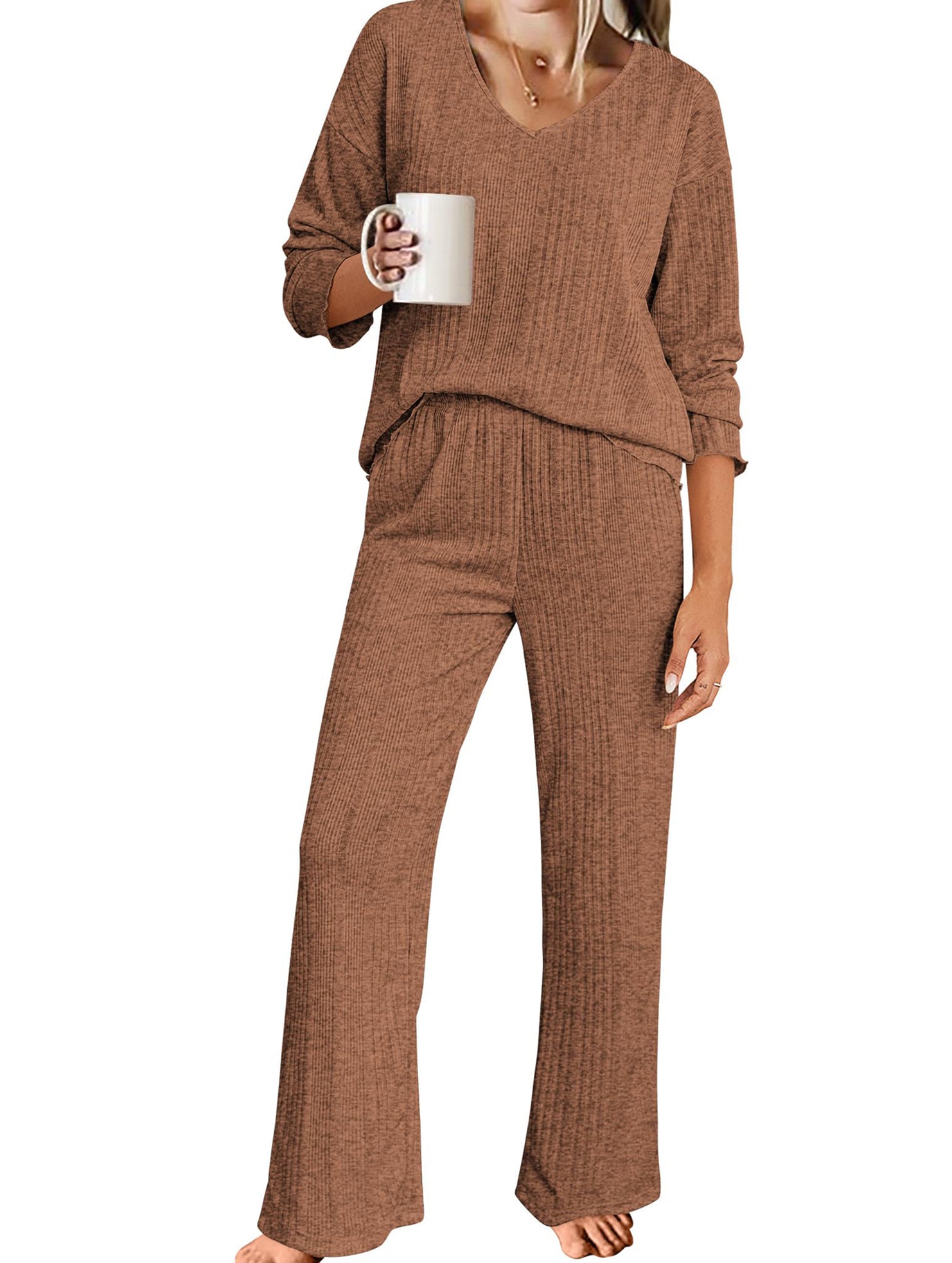 Ribbed Long Sleeve Pajama Set Two Piece_CWSPJ00579