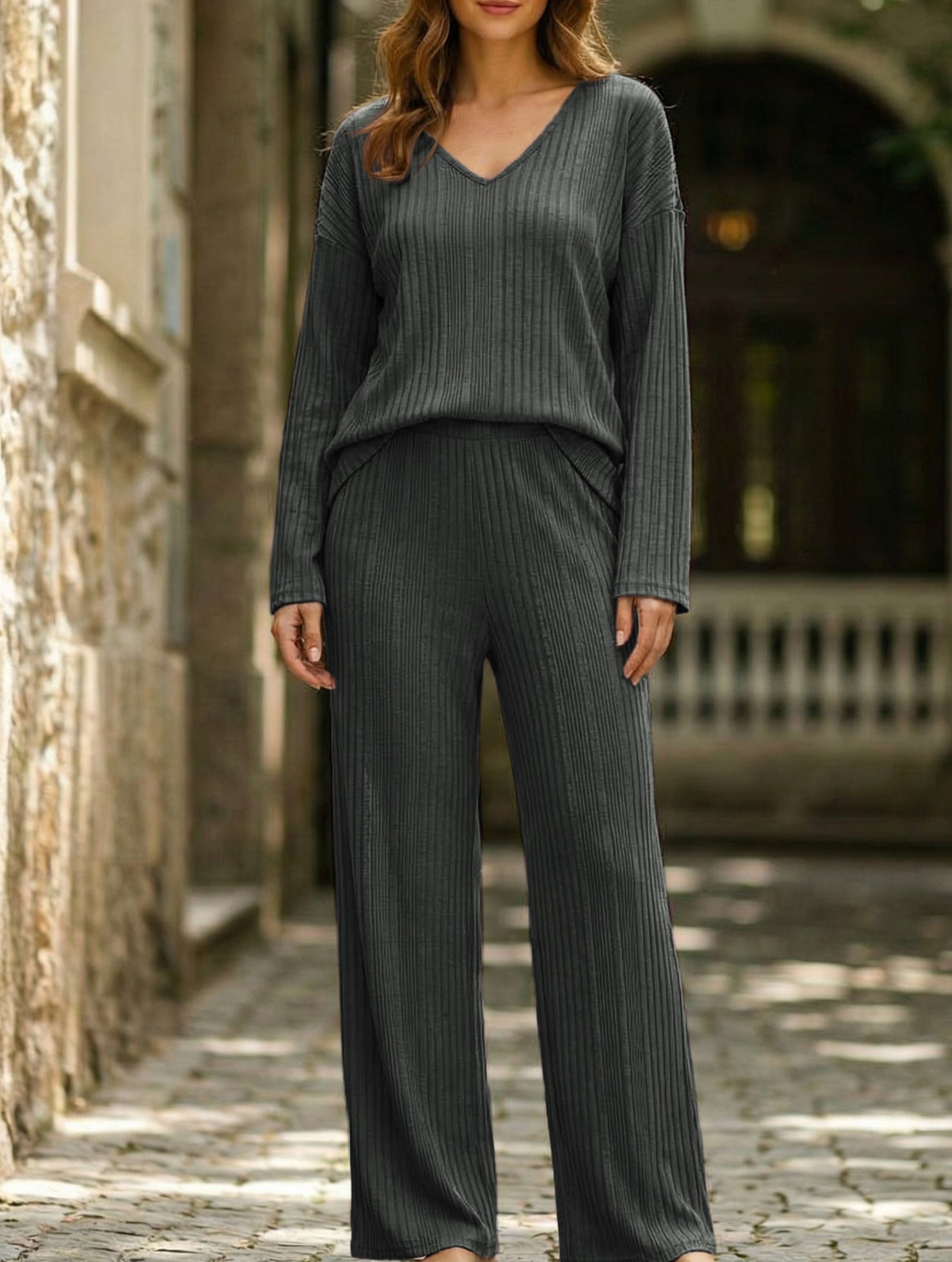 Ribbed Long Sleeve Pajama Set Two Piece_CWSPJ00579