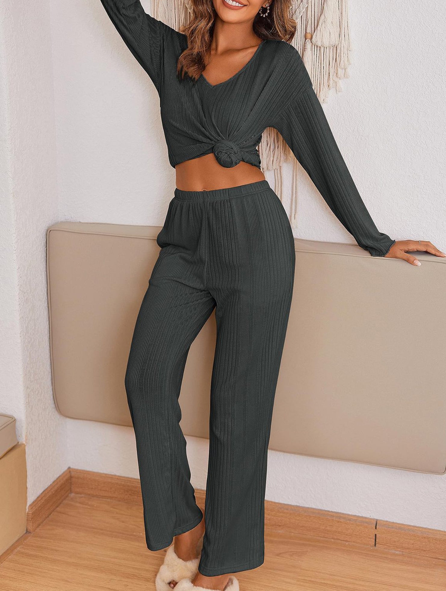 Ribbed Long Sleeve Pajama Set Two Piece_CWSPJ00579