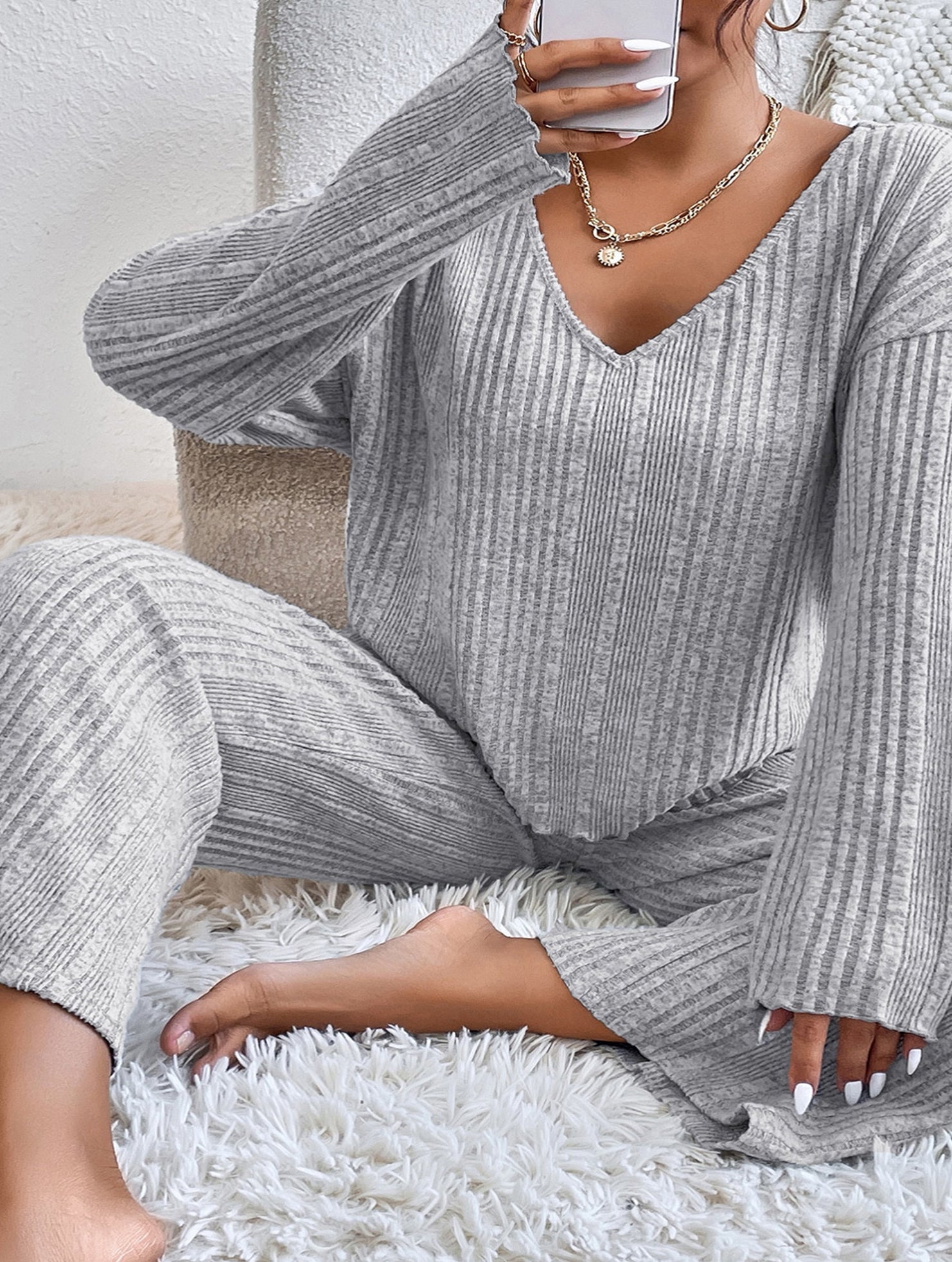 Ribbed Long Sleeve Pajama Set Two Piece_CWSPJ00579