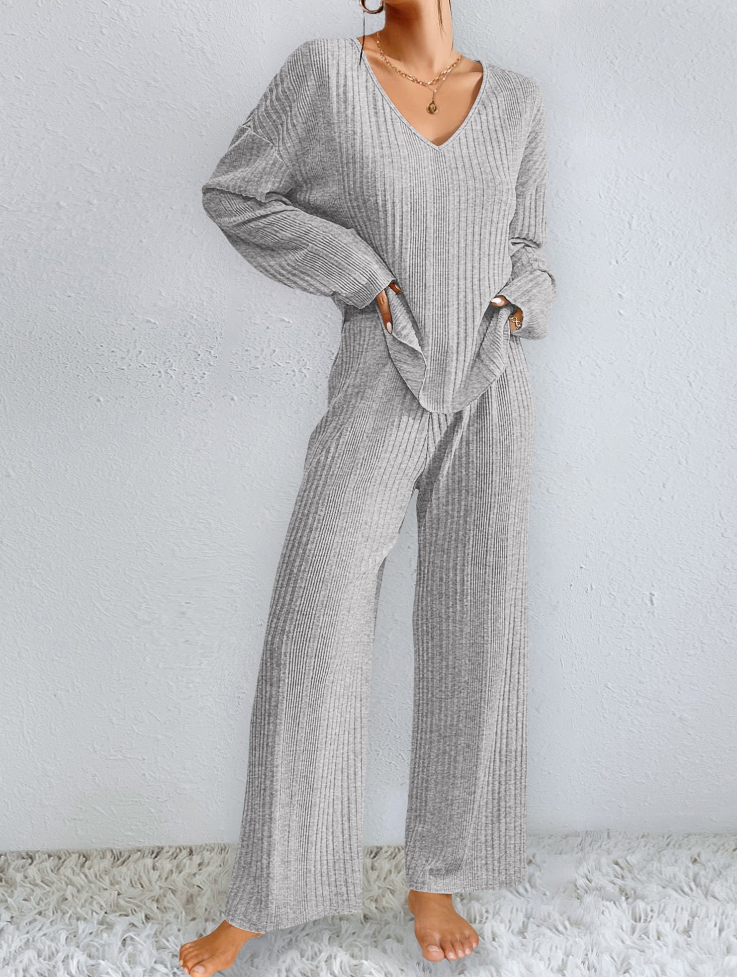Ribbed Long Sleeve Pajama Set Two Piece_CWSPJ00579