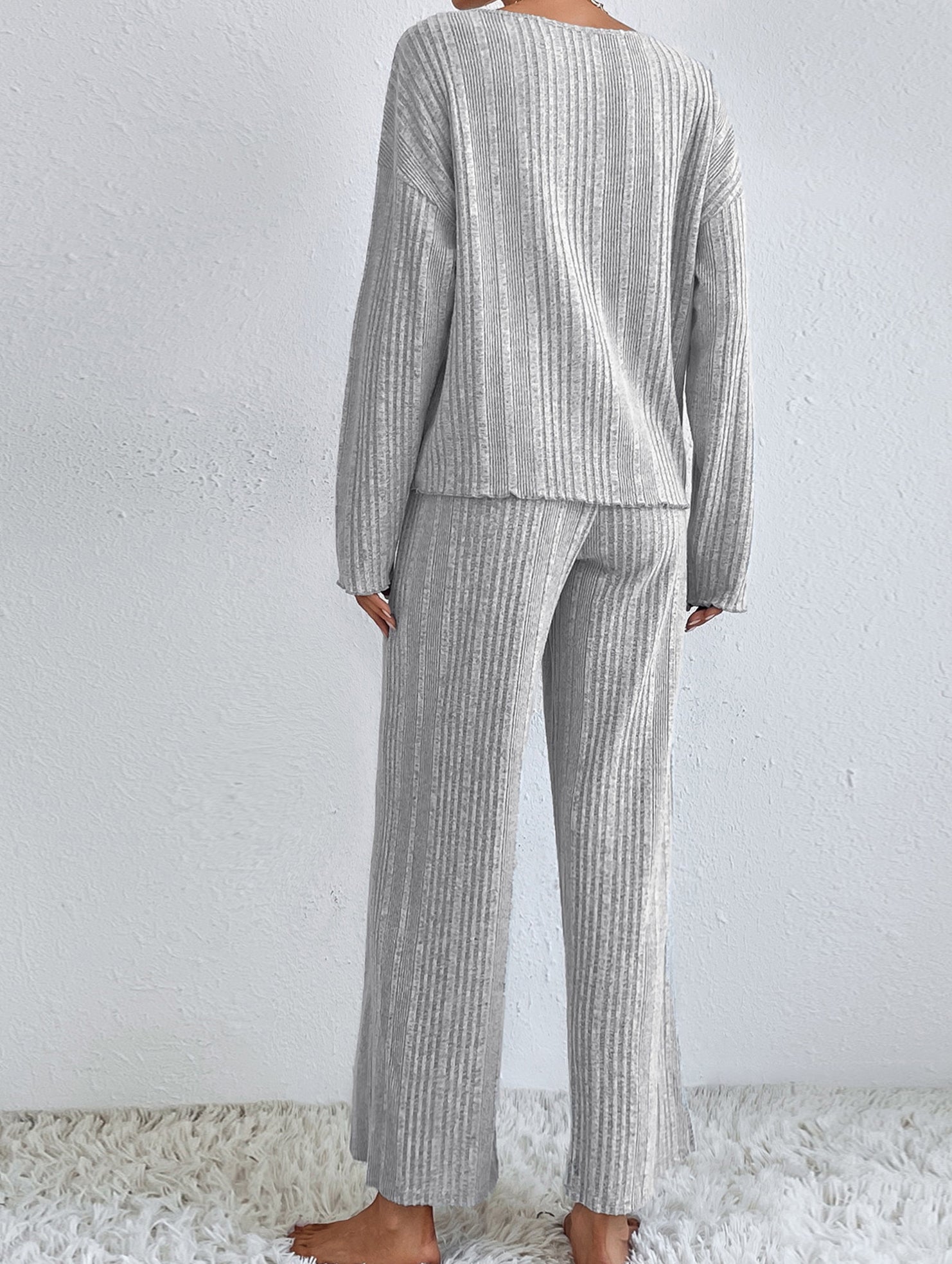 Ribbed Long Sleeve Pajama Set Two Piece_CWSPJ00579