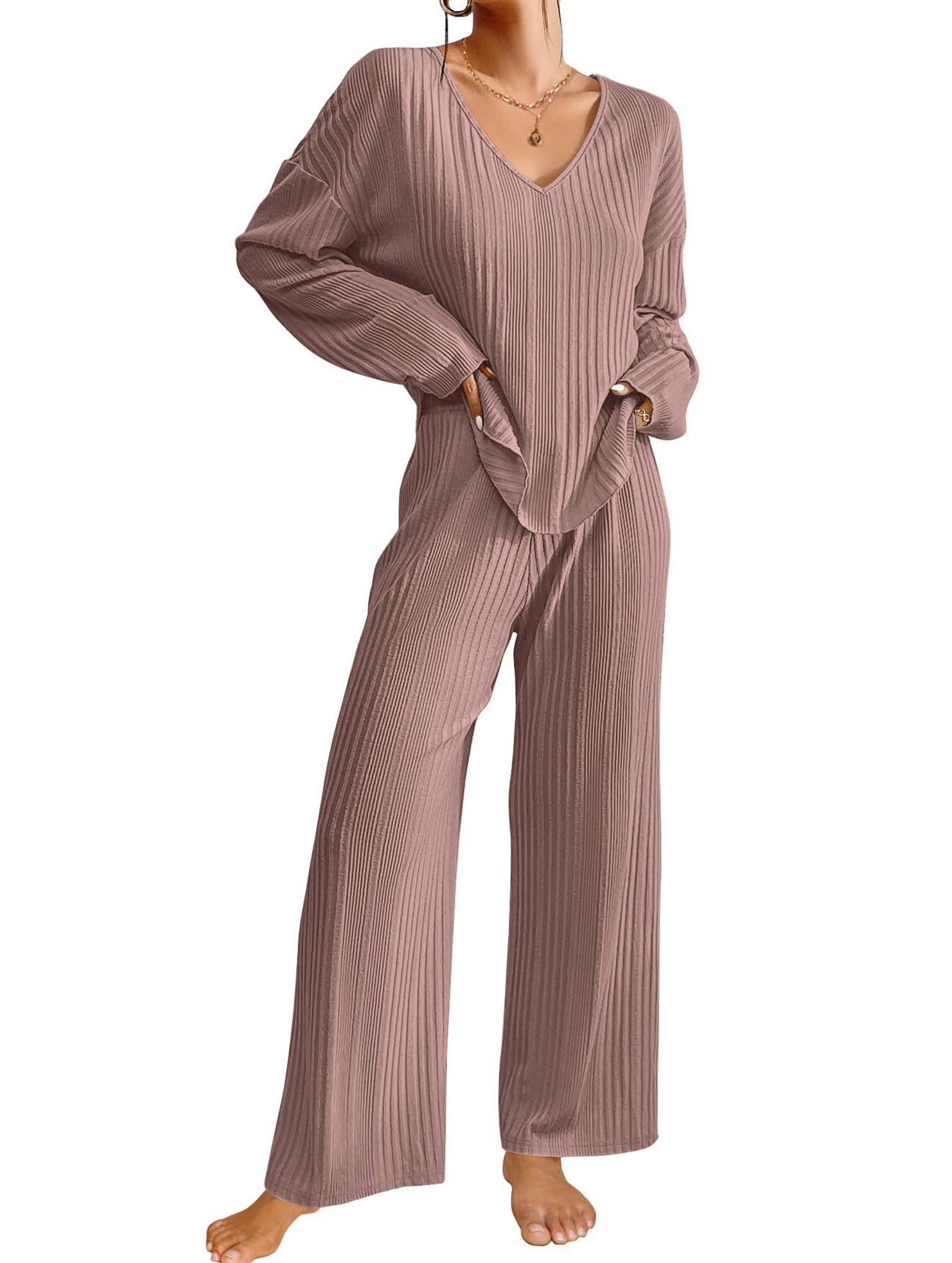 Ribbed Long Sleeve Pajama Set Two Piece_CWSPJ00579