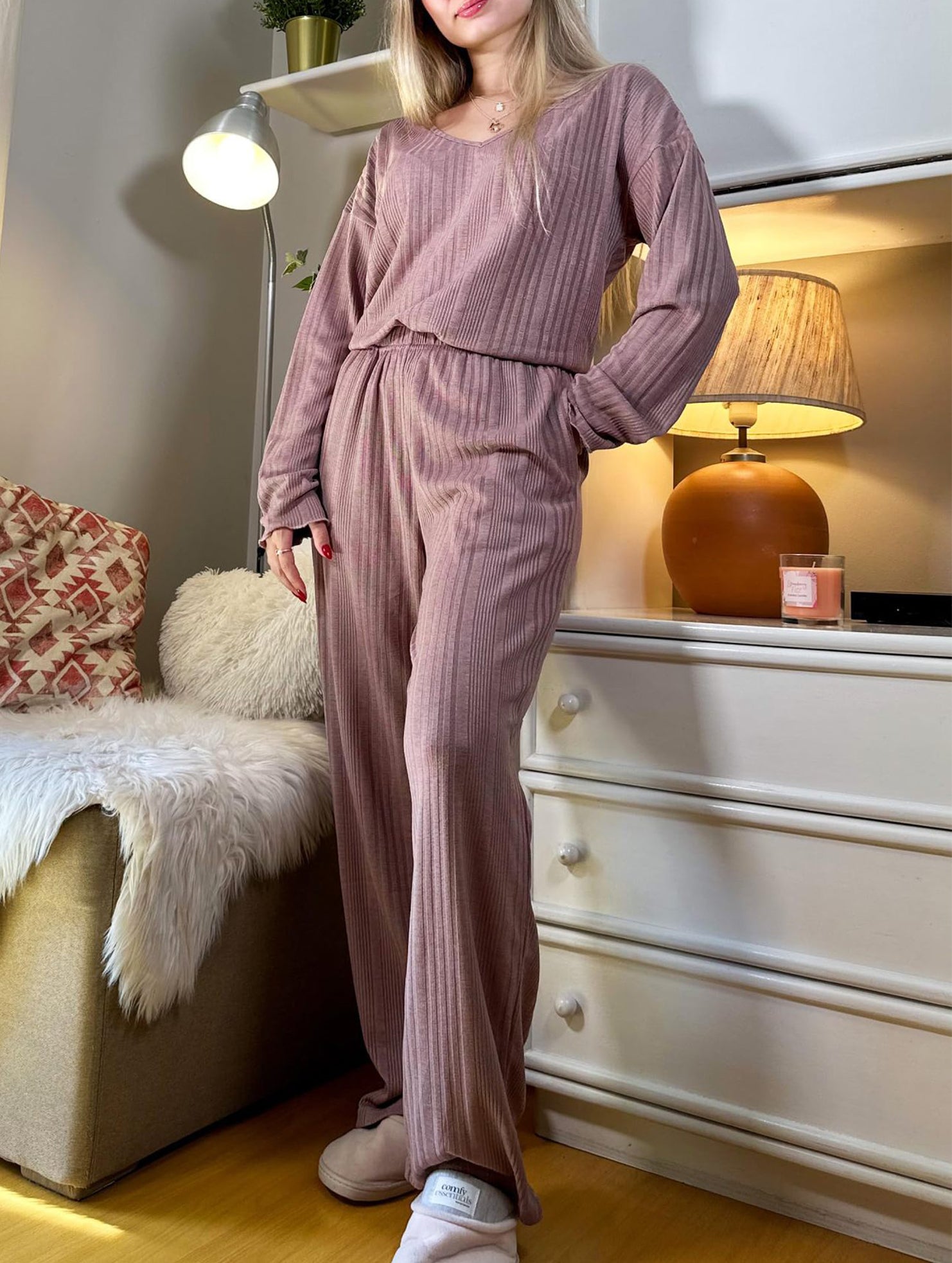 Ribbed Long Sleeve Pajama Set Two Piece_CWSPJ00579