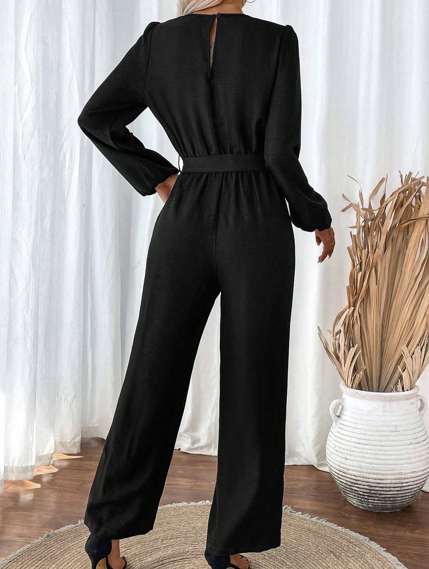 Casual Zip Neck Belted Jumpsuit_CWSR00159