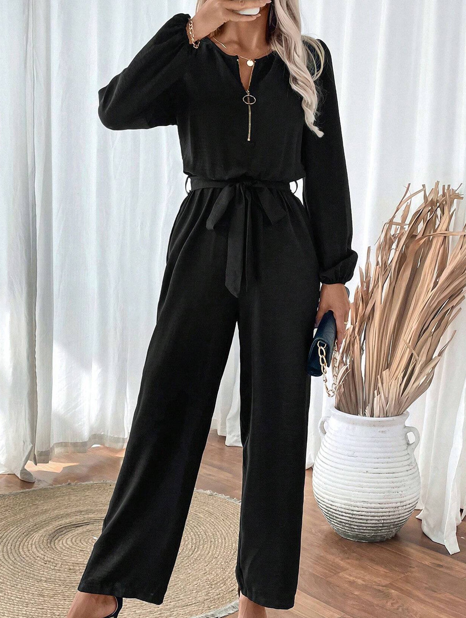 Casual Zip Neck Belted Jumpsuit_CWSR00159