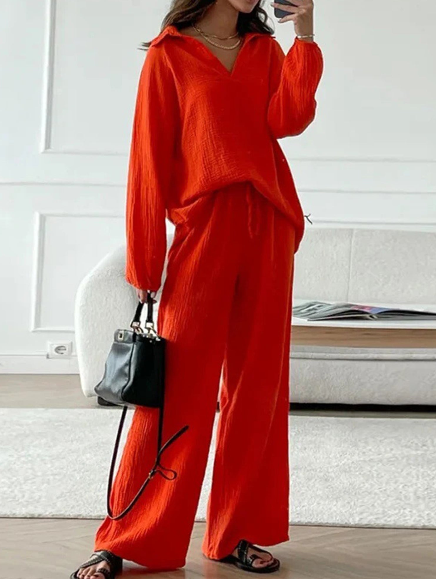 Long-sleeved top drawstring trousers set