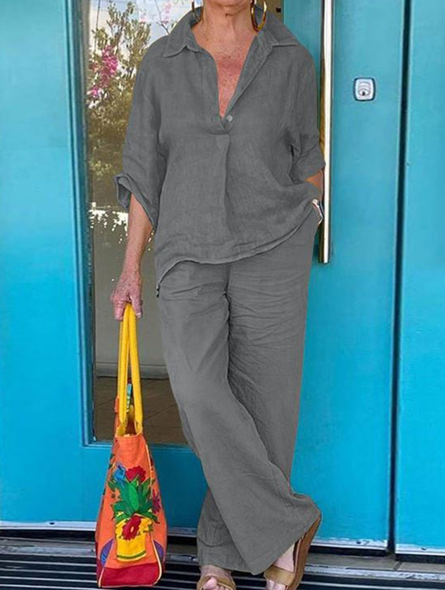 Lapel shirt and wide-leg pants two-piece suit