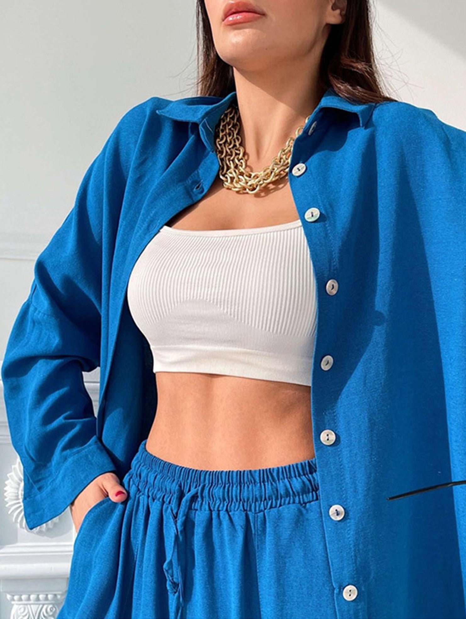 Solid color lapel long-sleeved shirt suit