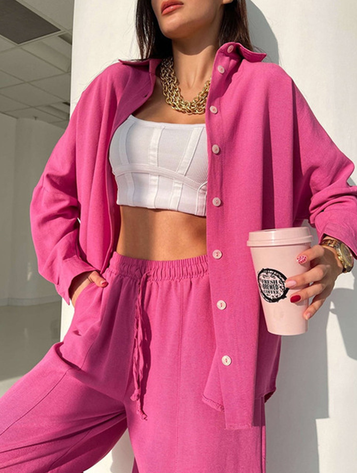 Solid color lapel long-sleeved shirt suit