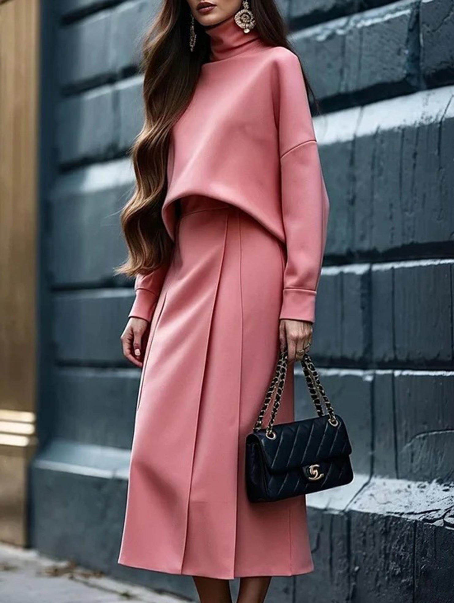 Solid color turtleneck sweatshirt + long elastic skirt