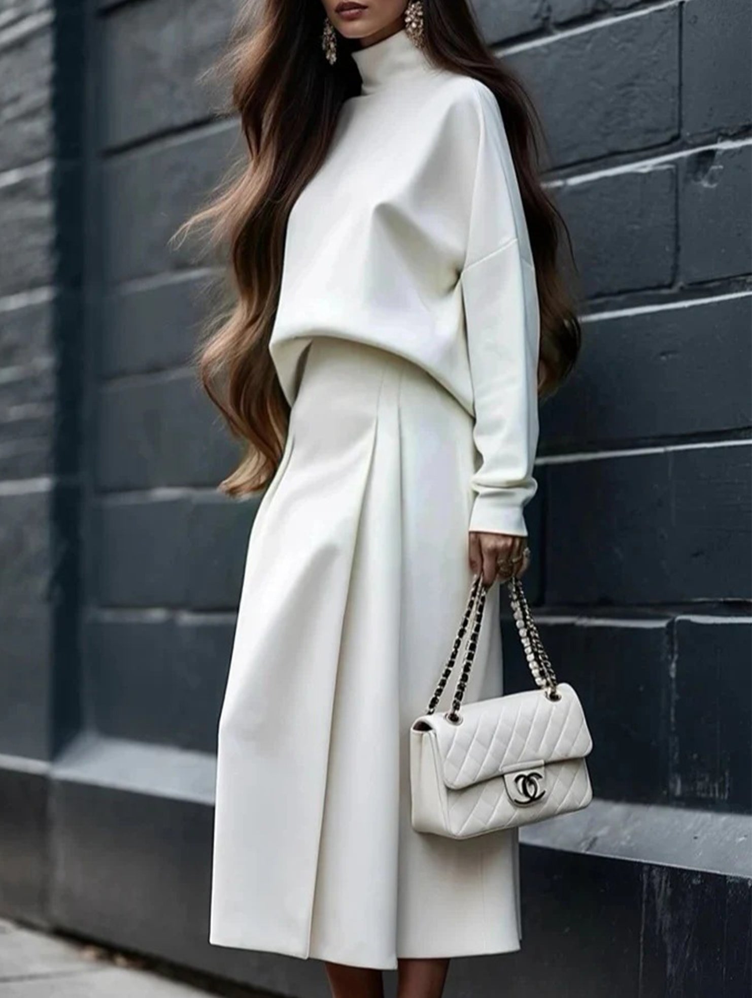 Solid color turtleneck sweatshirt + long elastic skirt