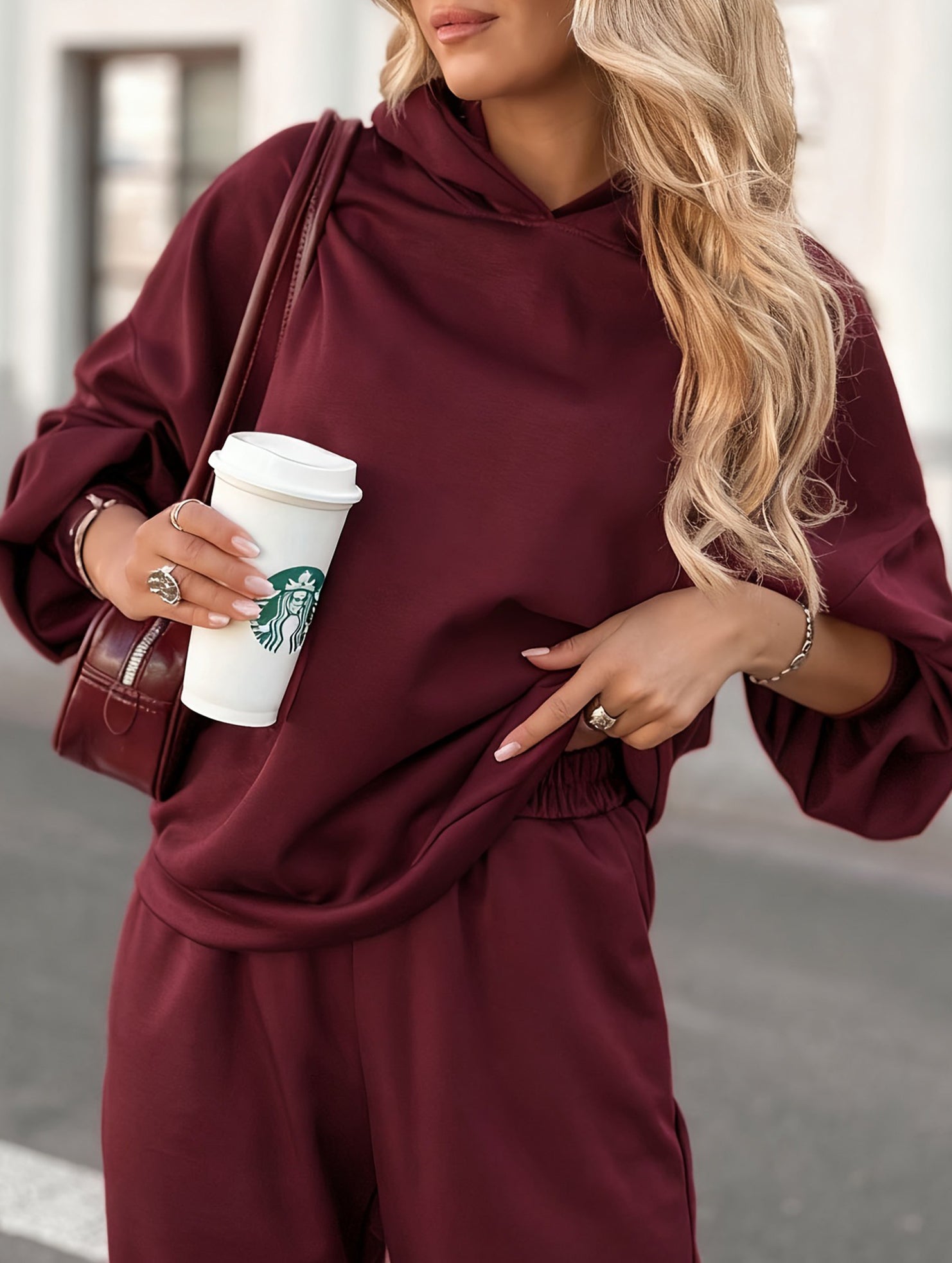 Solid color crew neck pullover trouser suit