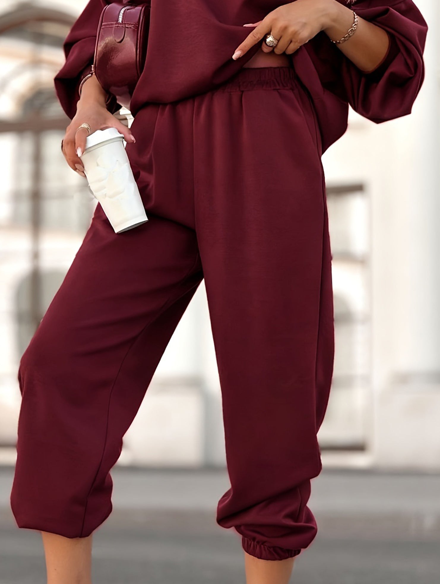 Solid color crew neck pullover trouser suit