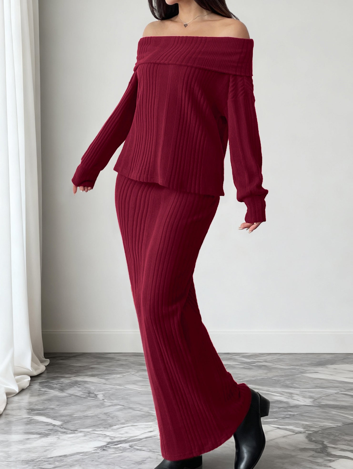 Warm Off-Shoulder Knit Two-Piece Set