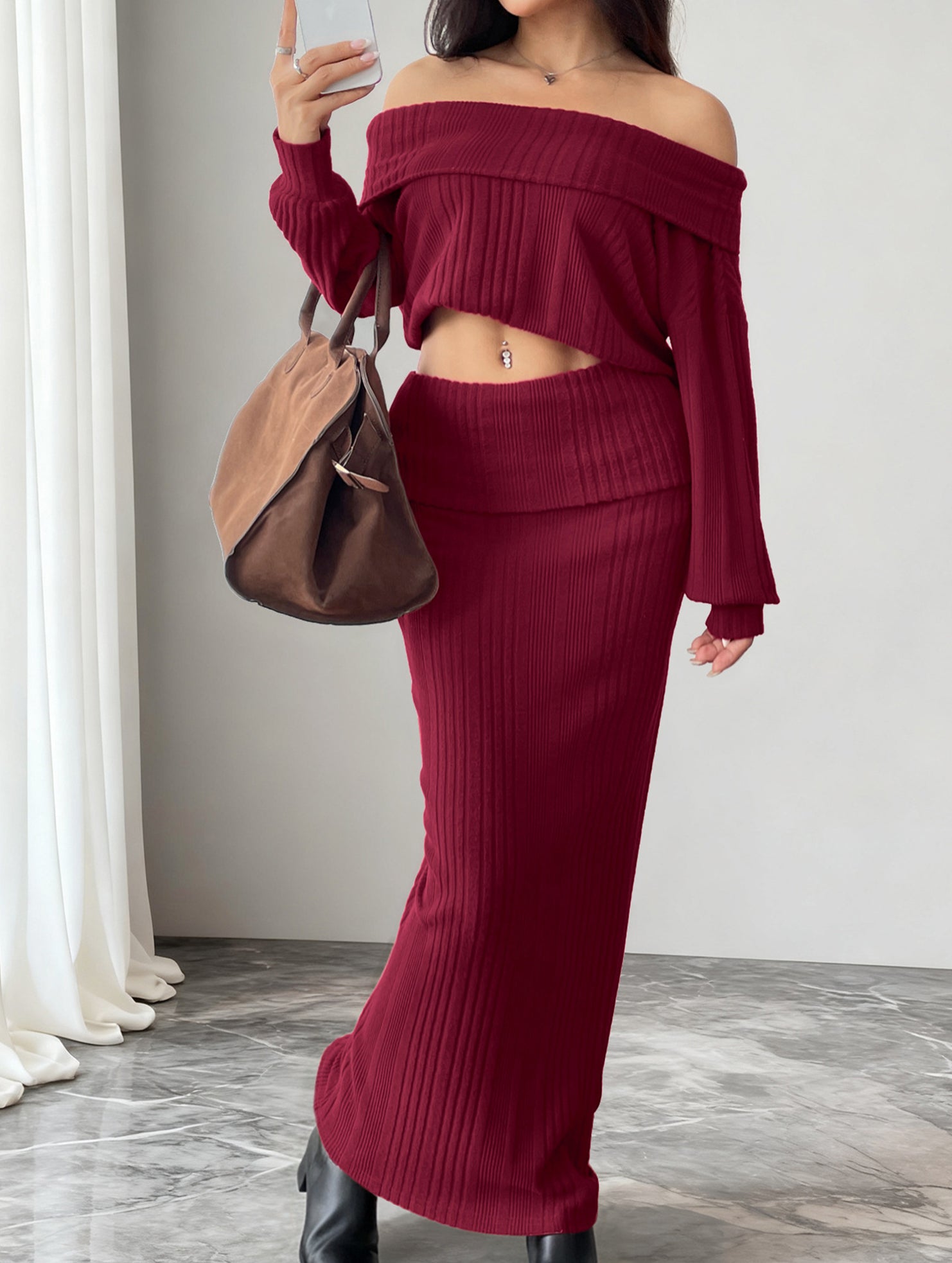 Warm Off-Shoulder Knit Two-Piece Set