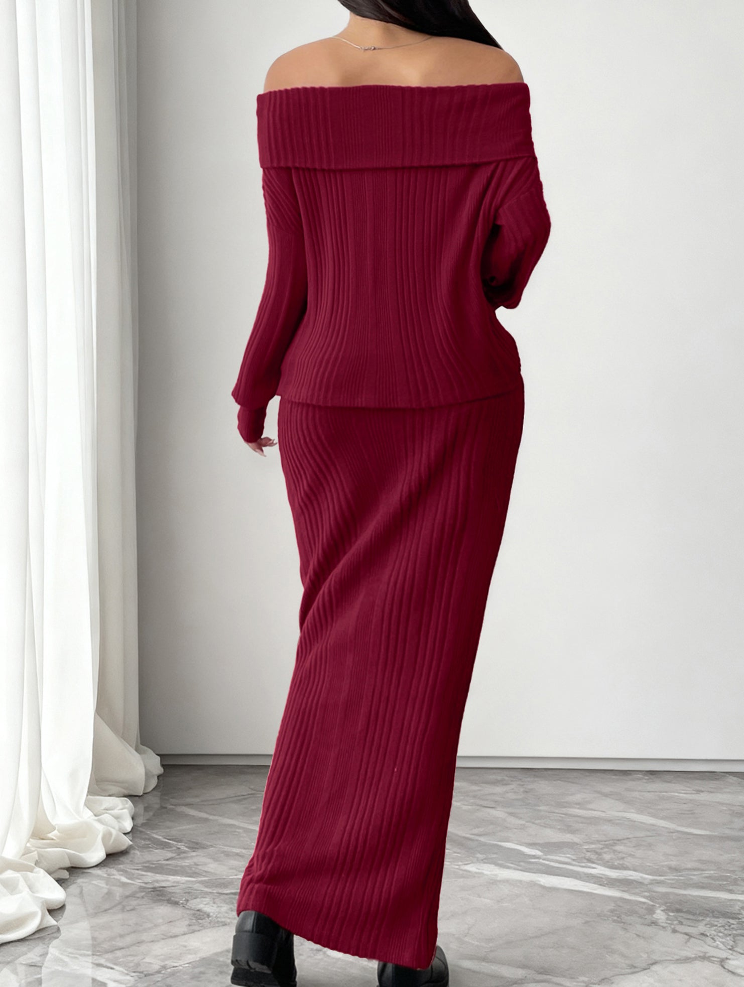 Warm Off-Shoulder Knit Two-Piece Set