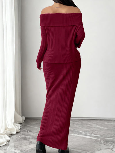 Warm Off-Shoulder Knit Two-Piece Set